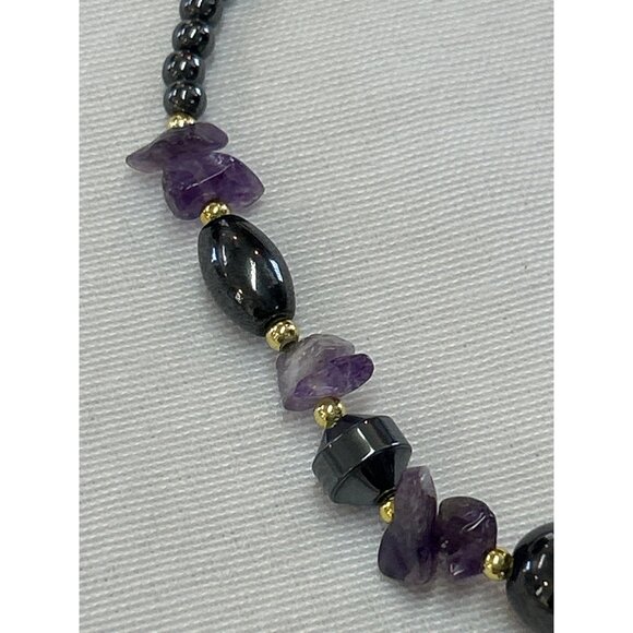 Handmade Hematite Raw Amethyst Beaded Necklace Gold Accents - Picture 5 of 8